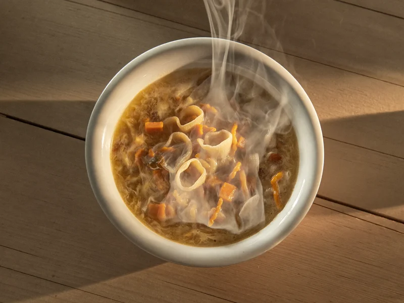 Ciotola bianca di minestrina vellutata con pastina minuta su tavolo chiaro