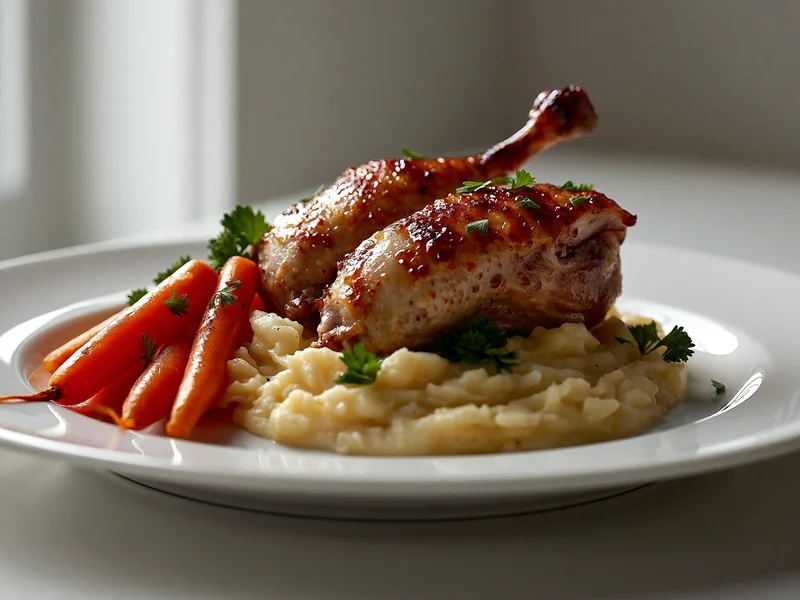 Pollo brasato tenero con purè liscio e carote cotte su piatto bianco